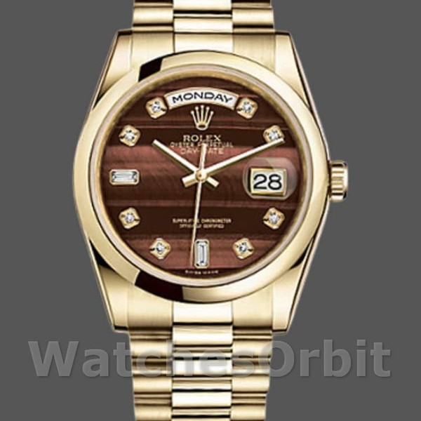 Unisexs Rolex Day-Date 36mm Unisex-118208-Bulls Eye-Diamonds Dial Brown Replica Image