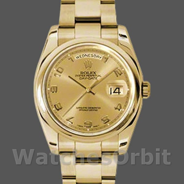 Unisexs Rolex Day-Date 36mm Unisex-118208-Champagne Dial-Arabic Numeral Hour Markers-Yellow Gold Champagne Replica Image