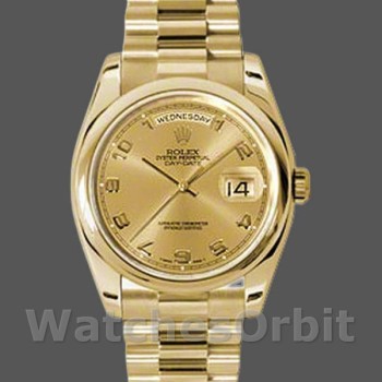 Unisex's Rolex Day-Date 36mm Unisex-118208-Champagne Dial-Arabic Numeral Hour Markers-Yellow Gold Champagne
