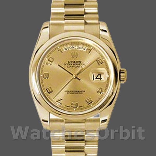 Unisexs Rolex Day-Date 36mm Unisex-118208-Champagne Dial-Arabic Numeral Hour Markers-Yellow Gold Champagne Replica Image