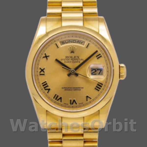 Unisexs Rolex Day-Date 36mm Unisex-118208-Champagne Dial-Roman Numerals Champagne Replica Image