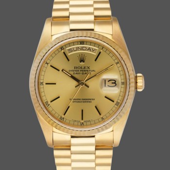 Unisex's Rolex Day-Date 36mm Unisex-118208-Champagne Dial-Gold Indexes-Yellow Gold Champagne