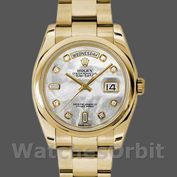 Unisexs Rolex Day-Date 36mm Unisex-118208-Mother of Pearl-Diamond Dial MOP Replica Image