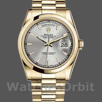 Unisex's Rolex Day-Date 36mm Unisex-118208-Silver Dial-Domed Bezel Silver