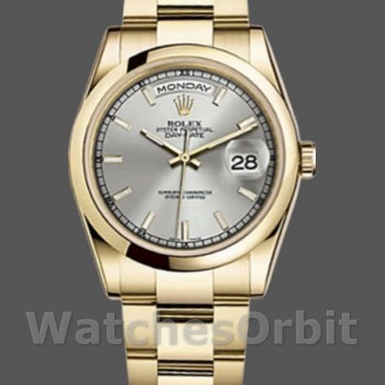 Unisex's Rolex Day-Date 36mm Unisex-118208-Silver Dial-Yellow Gold Silver
