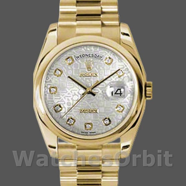 Unisexs Rolex Day-Date 36mm Unisex-118208-Silver Diamond Jubilee Dial-Yellow Gold Silver Replica Image