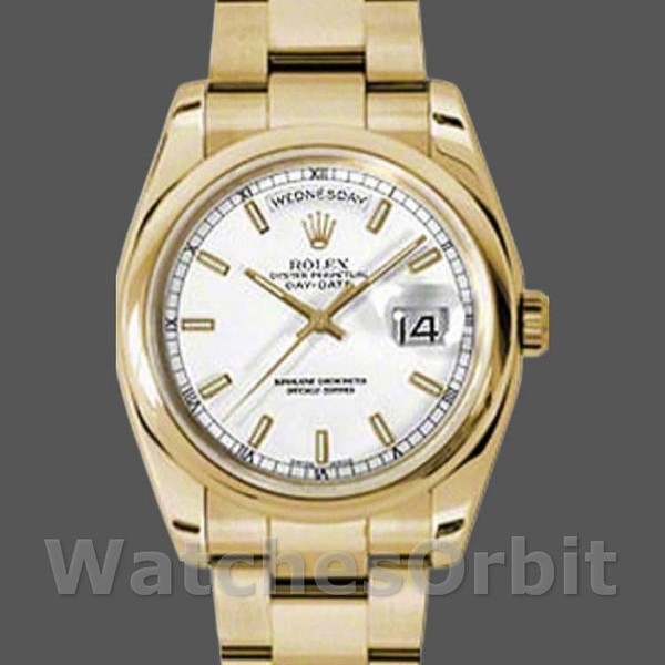 Unisexs Rolex Day-Date 36mm Unisex-118208-White Dial-Yellow Gold White Replica Image