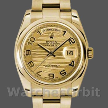 Unisex's Rolex Day-Date 36mm Unisex-118208-Yellow Gold-Arabic Numeral Wave-Champagne Dial Champagne