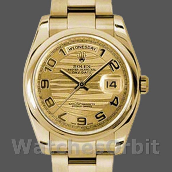 Unisexs Rolex Day-Date 36mm Unisex-118208-Yellow Gold-Arabic Numeral Wave-Champagne Dial Champagne Replica Image