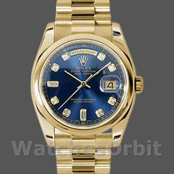 Unisexs Rolex Day-Date 36mm Unisex-118208-Yellow Gold-Blue Diamond Dial Blue Replica Image