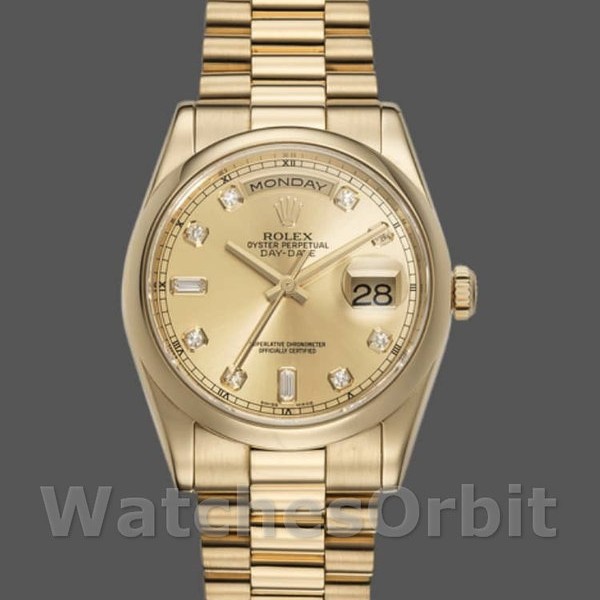 Unisexs Rolex Day-Date 36mm Unisex-118208-Yellow Gold-Champagne Diamond Dial Champagne Replica Image