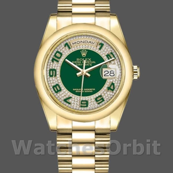 Unisexs Rolex Day-Date 36mm Unisex-118208-Yellow Gold-Green Diamond Paved-Arabic Dial Green Replica Image