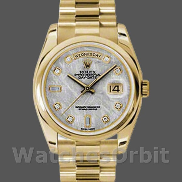 Unisexs Rolex Day-Date 36mm Unisex-118208-Yellow Gold-Meteorite Grey Diamond Dial Grey Replica Image