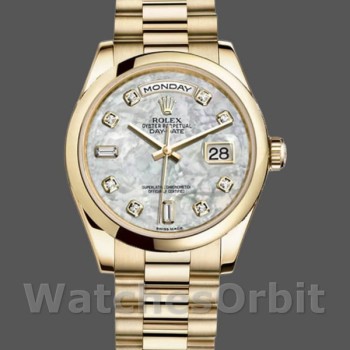 Unisex's Rolex Day-Date 36mm Unisex-118208-Yellow Gold-Mother of Pearl-Diamond Dial MOP