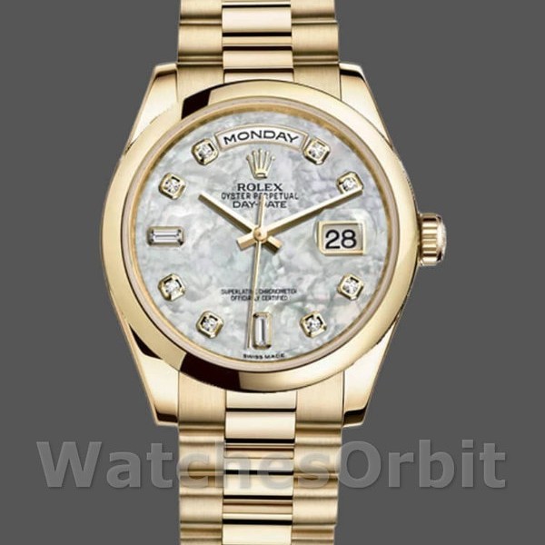 Unisexs Rolex Day-Date 36mm Unisex-118208-Yellow Gold-Mother of Pearl-Diamond Dial MOP Replica Image