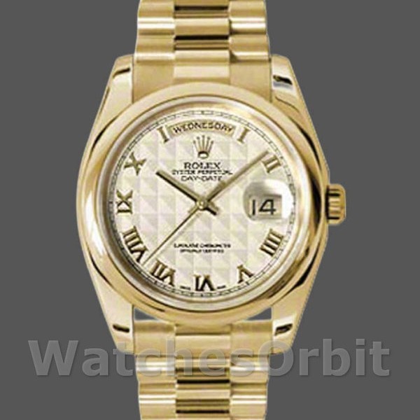 Unisexs Rolex Day-Date 36mm Unisex-118208-Yellow Gold-Roman Numeral Pyramid-Ivory Dial Ivory Replica Image