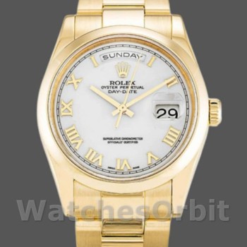 Unisex's Rolex Day-Date 36mm Unisex-118208-Yellow Gold-White Dial-Roman Numeral White