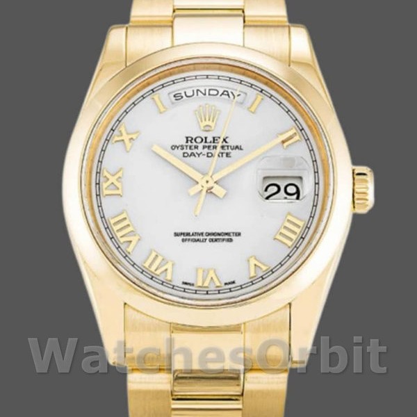 Unisexs Rolex Day-Date 36mm Unisex-118208-Yellow Gold-White Dial-Roman Numeral White Replica Image