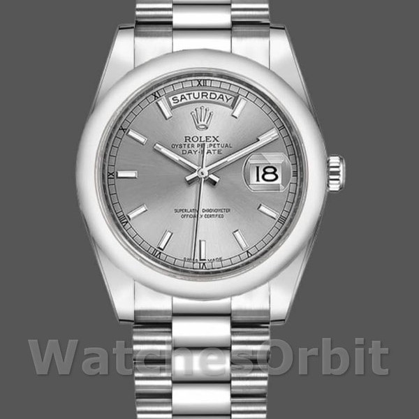 Unisexs Rolex Day-Date 36mm Unisex-118209-Silver Dial-White Gold Silver Replica Image