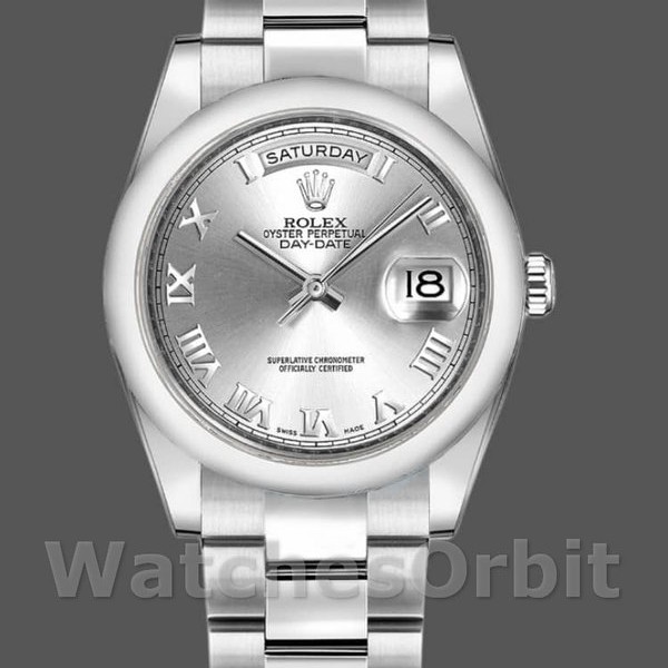 Unisexs Rolex Day-Date 36mm Unisex-118209-Silver Roman Numerals Dial-Automatic Silver Replica Image