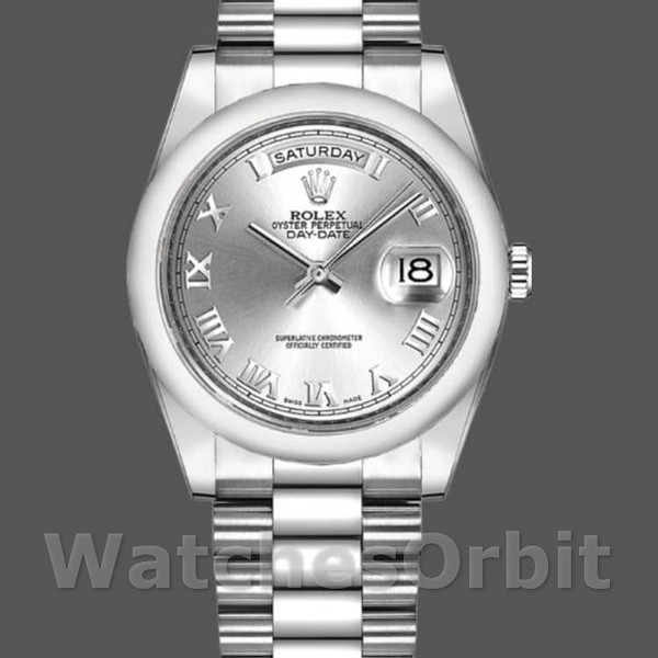 Unisexs Rolex Day-Date 36mm Unisex-118209-White Gold-Silver Dial-Automatic Silver Replica Image