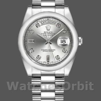 Unisex's Rolex Day-Date 36mm Unisex-118209-White Gold-Silver Diamond Dial-Automatic Silver