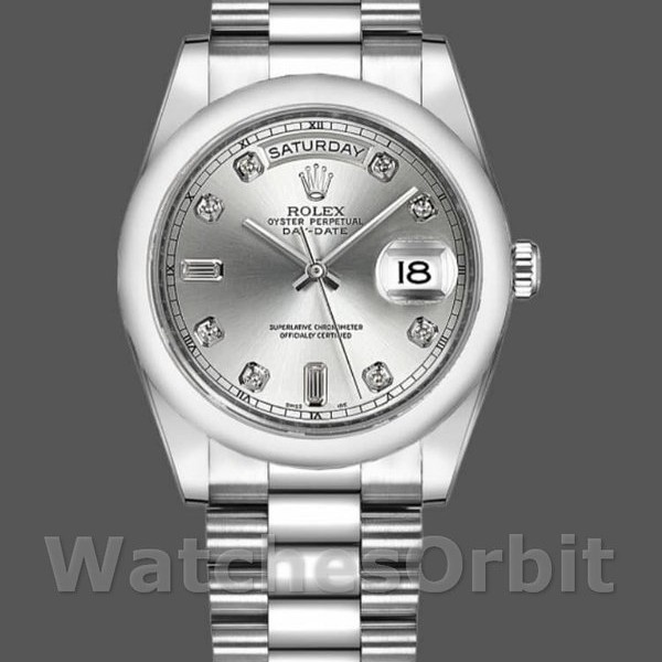 Unisexs Rolex Day-Date 36mm Unisex-118209-White Gold-Silver Diamond Dial-Automatic Silver Replica Image