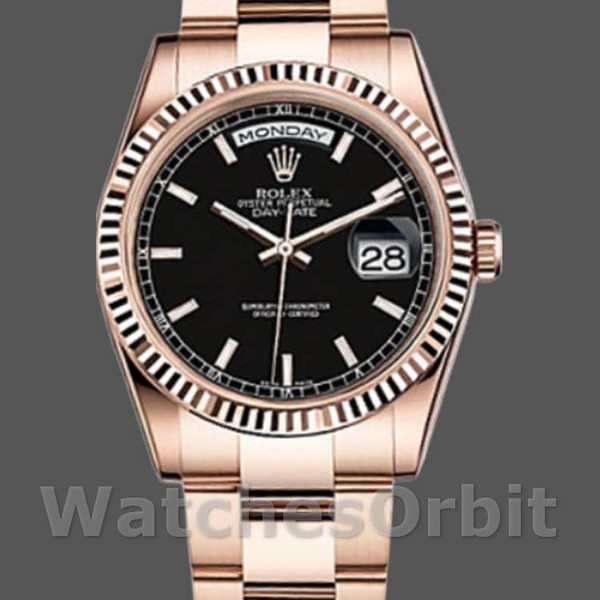Unisexs Rolex Day-Date 36mm Unisex-118235-Black Dial-Fluted Bezel Black Replica Image