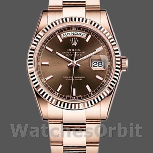 Unisexs Rolex Day-Date 36mm Unisex-118235-Fluted Bezel-Chocolate Dial Chocolate Replica Image