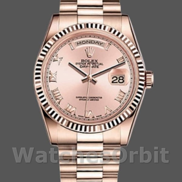 Womens Rolex Day-Date 36mm Womens-118235-Pink Roman Numeral Dial Pink Replica Image