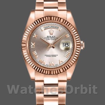 Women's Rolex Day-Date 36mm Women's-118235-Pink Roman Numeral Dial-Fluted Bezel Pink