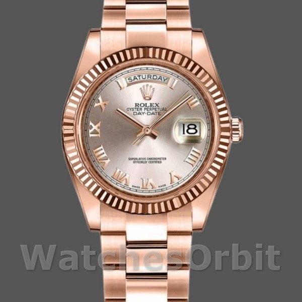 Womens Rolex Day-Date 36mm Womens-118235-Pink Roman Numeral Dial-Fluted Bezel Pink Replica Image