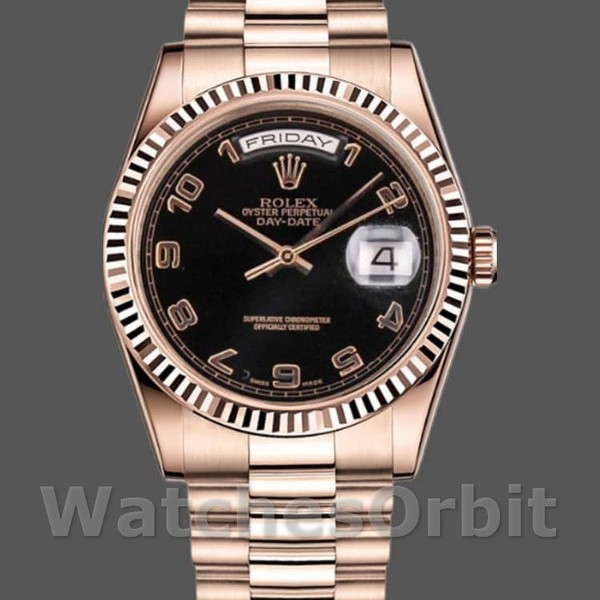 Unisexs Rolex Day-Date 36mm Unisex-118235-Rose Gold-Black Arabic Dial Black Replica Image