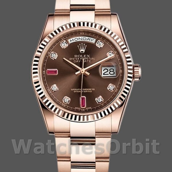 Unisexs Rolex Day-Date 36mm Unisex-118235-Rose Gold-Chocolate Diamond Dial Chocolate Replica Image