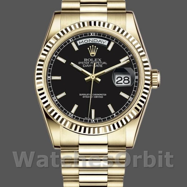 Unisexs Rolex Day-Date 36mm Mens-118238-Black Dial-Stainless Steel Black Replica Image