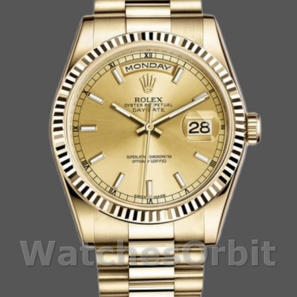 Unisexs Rolex Day-Date 36mm Unisex-118238-Fluted Bezel-Champagne Dial Champagne Replica Image