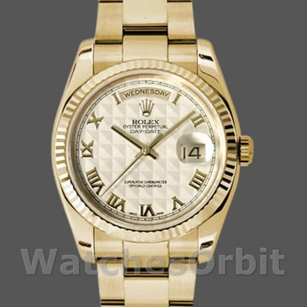Unisexs Rolex Day-Date 36mm Unisex-118238-Roman Numeral Pyramid Ivory Dial Ivory Replica Image