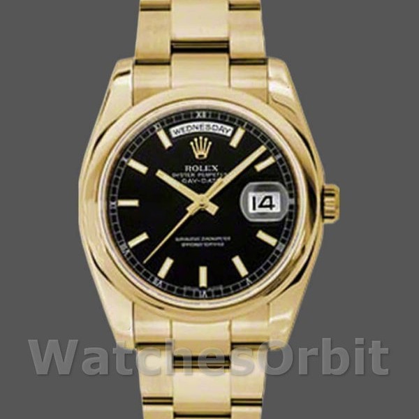 Mens Rolex Day-Date 36mm Mens-118238-Yellow Gold-Black Dial-Stainless Steel Black Replica Image