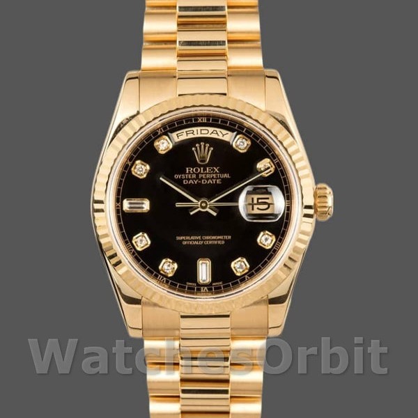 Mens Rolex Day-Date 36mm Mens-118238-Yellow Gold-Black Diamond Dial Black Replica Image