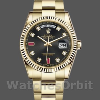 Men's Rolex Day-Date 36mm Men's-118238-Yellow Gold-Black Diamond Dial-Fluted Bezel Black