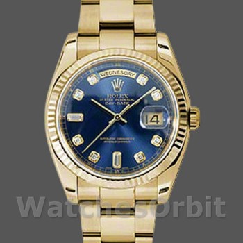 Unisex's Rolex Day-Date 36mm Unisex-118238-Yellow Gold-Blue Diamond Dial Blue