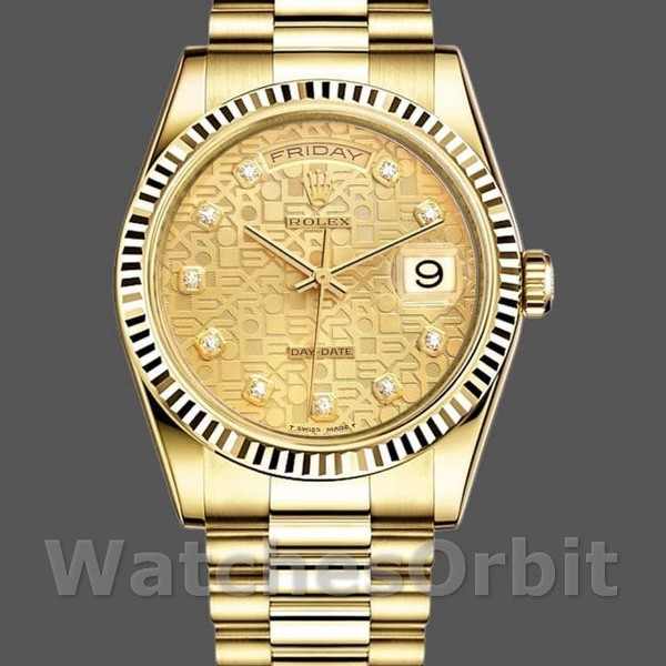 Unisexs Rolex Day-Date 36mm Unisex-118238-Yellow Gold-Champagne Jubilee Diamond Dial Champagne Replica Image