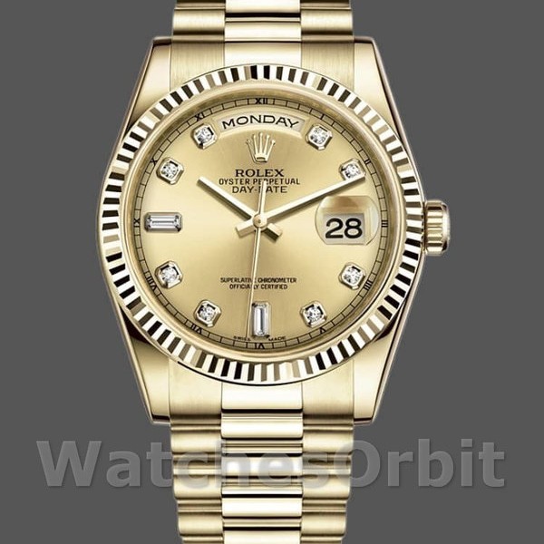 Unisexs Rolex Day-Date 36mm Unisex-118238-Yellow Gold-Diamond Champagne Dial Champagne Replica Image