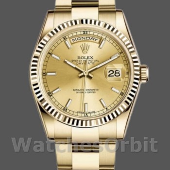 Unisex's Rolex Day-Date 36mm Unisex-118238-Yellow Gold-Fluted Bezel-Champagne Dial Luxury