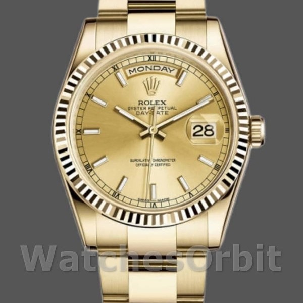 Unisexs Rolex Day-Date 36mm Unisex-118238-Yellow Gold-Fluted Bezel-Champagne Dial Luxury Replica Image
