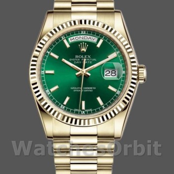 Unisex's Rolex Day-Date 36mm Unisex-118238-Yellow Gold-Fluted Bezel-Green Dial Green