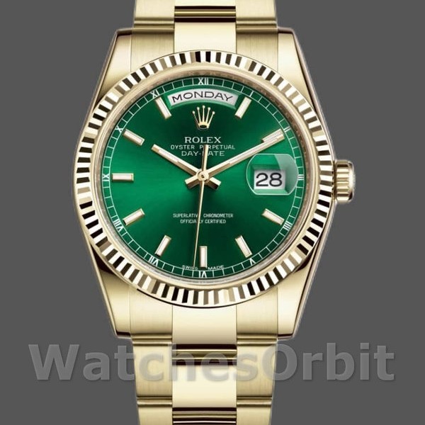 Unisexs Rolex Day-Date 36mm Unisex-118238-Yellow Gold-Green Dial Green Replica Image