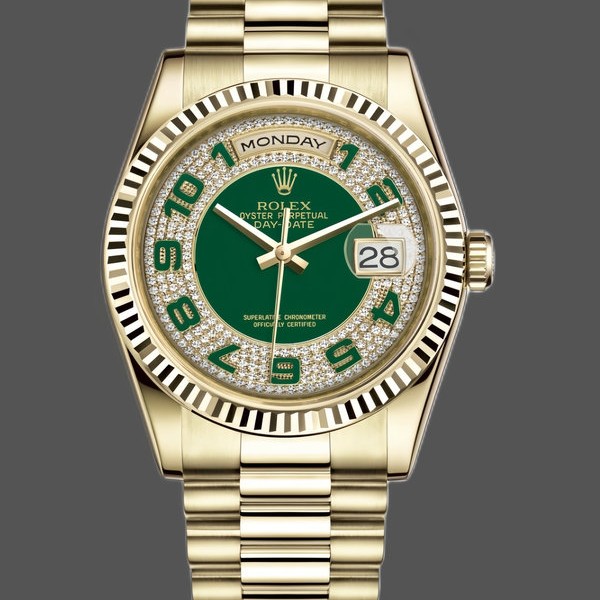 Unisexs Rolex Day-Date 36mm Unisex-118238-Yellow Gold-Green Diamond Pave Dial Green Replica Image