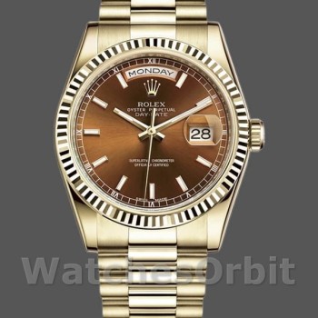 Unisex's Rolex Day-Date 36mm Unisex-118238-Yellow Gold-Index Cognac Dial <span style=