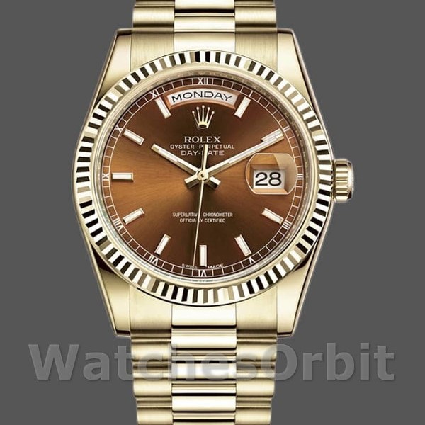 Unisexs Rolex Day-Date 36mm Unisex-118238-Yellow Gold-Index Cognac Dial <span style=white-space:normal;>Cognac</span><br /> Replica Image